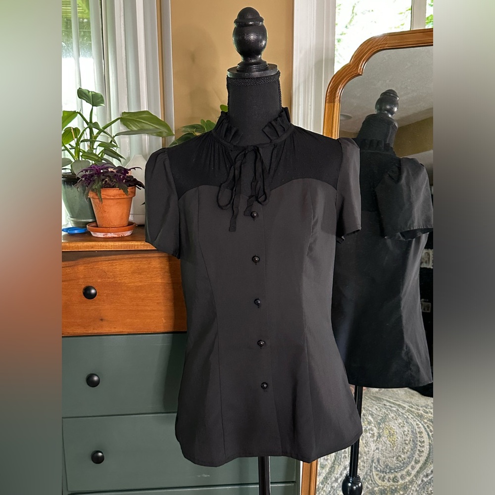 Belle Poque Top Black Lace Neckline Short Sleeve